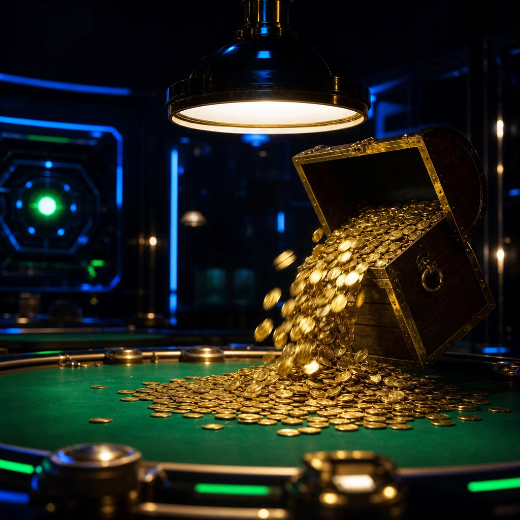 Gold crypto coins cascading on dark Stake casino terminal