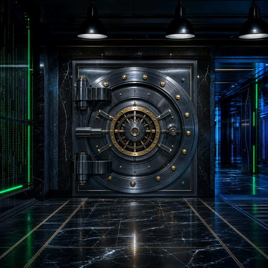 Heavy vault safe door symbolising secure crypto casino banking